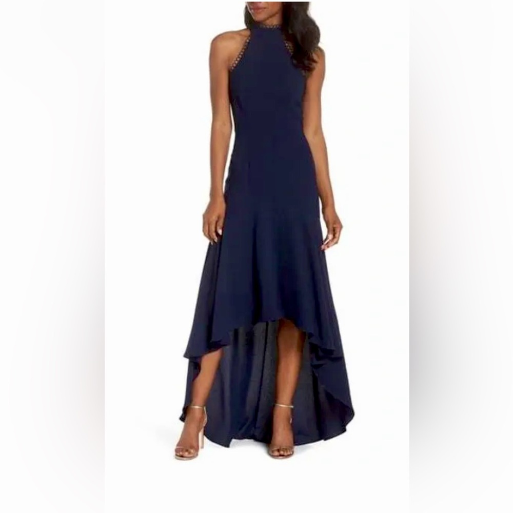 MONIQUE LHUILLIER Navy Blue Crepe Halter Gown. Like New!